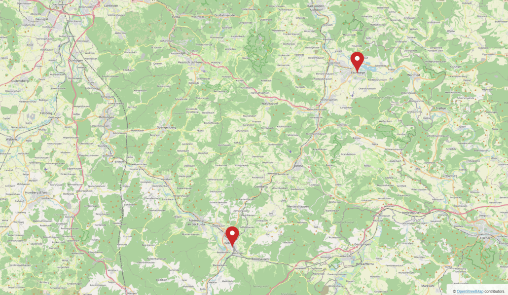Kartenansicht der Standorte Bebra sowie Eschwege